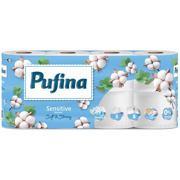 Hartie igienica Pufina Sensitive, 8 role, 3 straturi